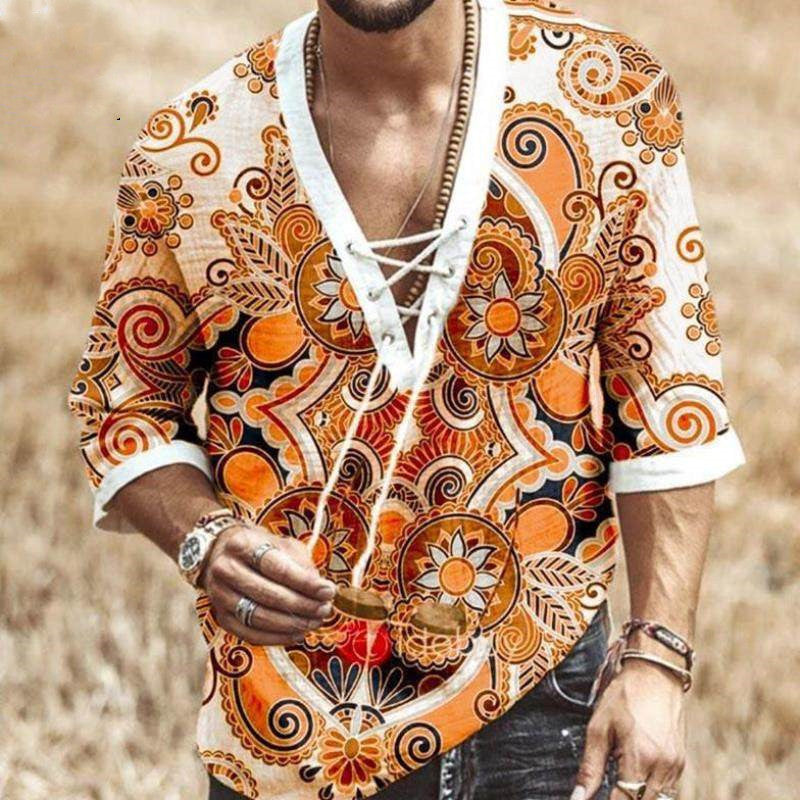 white orange Colorful Patterned Boho Shirt for Men