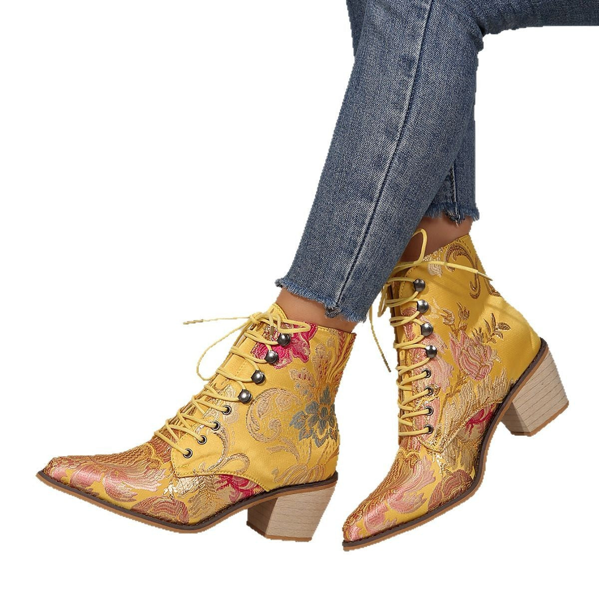 Colorful Patterned Embroidered Lace Up Ankle Boots