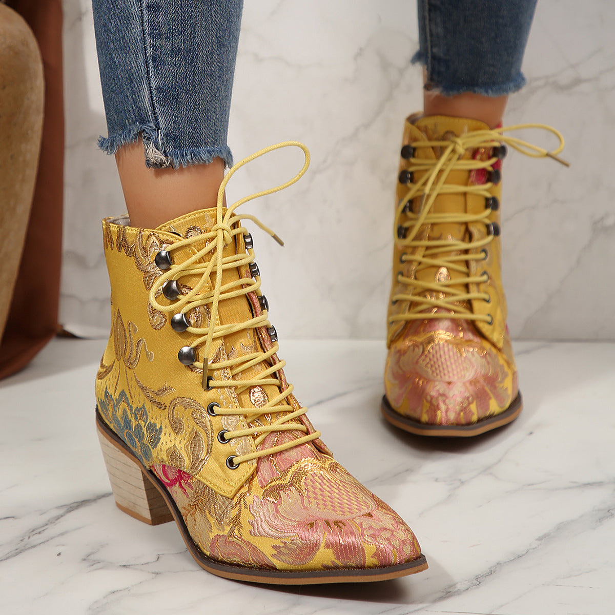 Colorful Patterned Embroidered Lace Up Ankle Boots