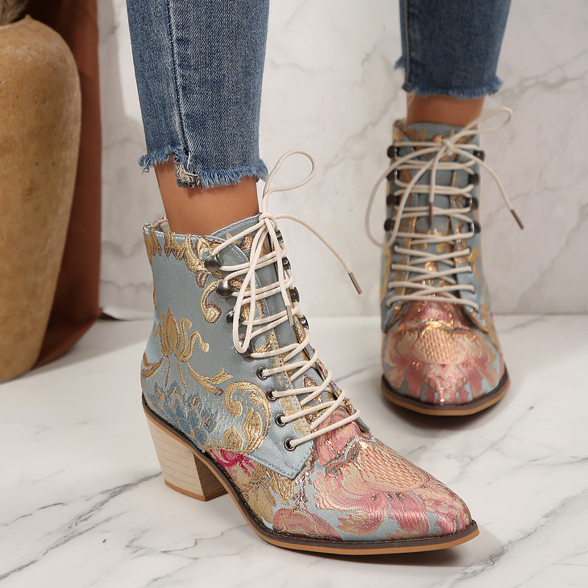 blue Colorful Patterned Embroidered Lace Up Ankle Boots