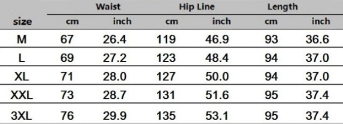Product parameters table for sizing information with waist, hip line, and length measurements.