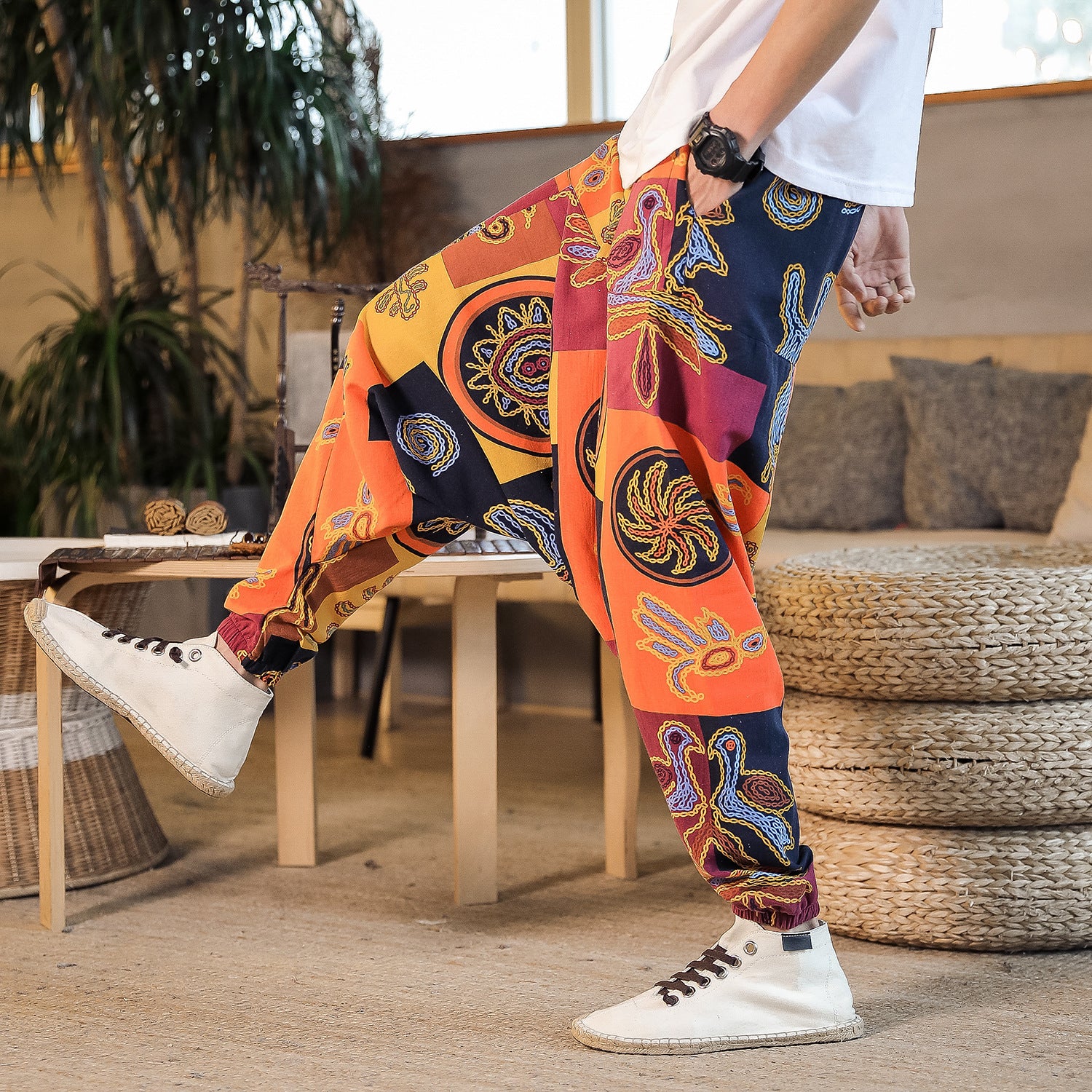 patchwork Colorful Patterned Loose Pants for Men