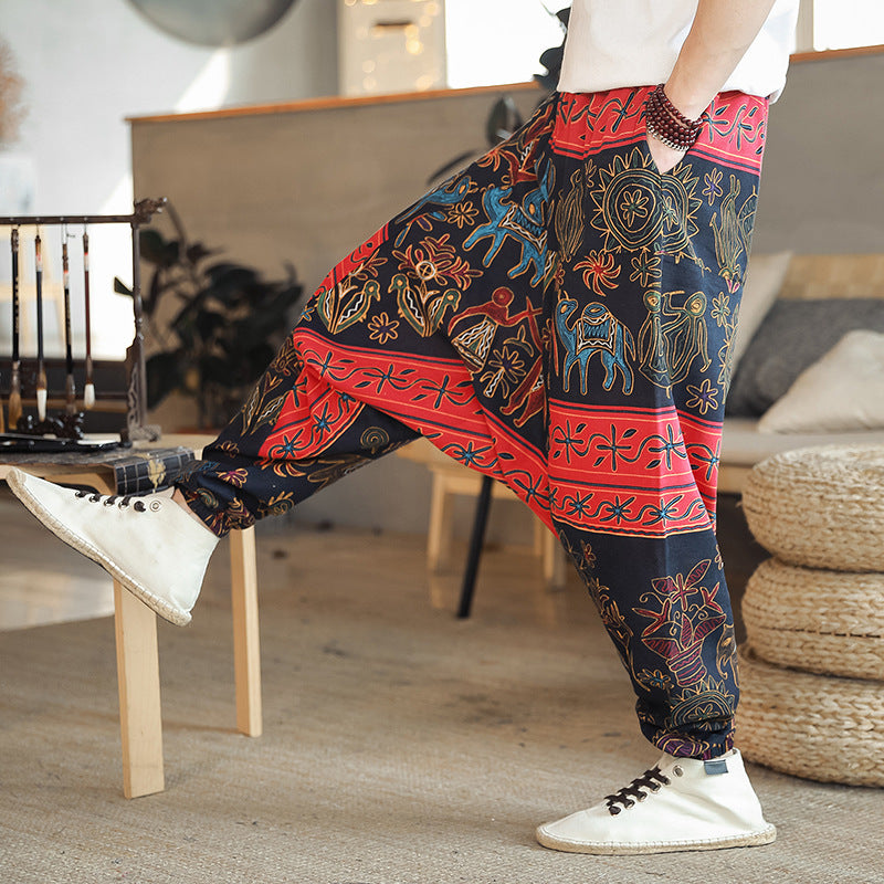 red Colorful Patterned Loose Pants for Men
