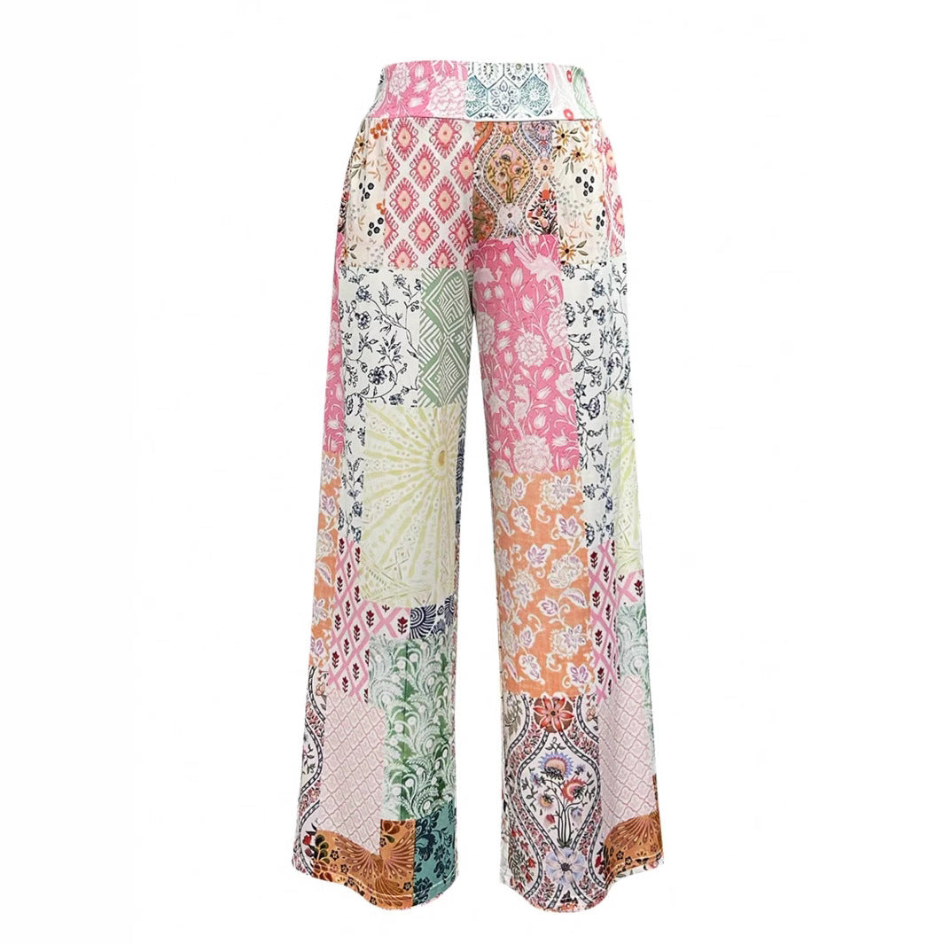Colorful patchwork pants on a white background