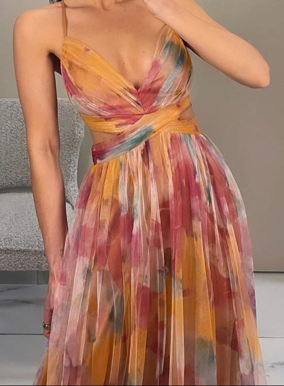 Colorful Tulle Maxi Summer Wedding Guest Dress pink