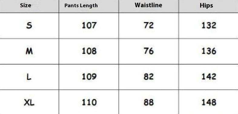 Table showing size chart for pants with measurements in centimeters