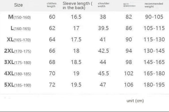 Size chart for shirts with measurements and weight range.