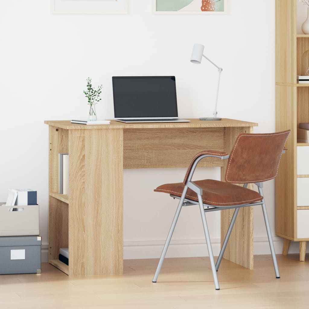 Wooden desk with a laptop and lamp, accompanied by a brown chair in a room setting.