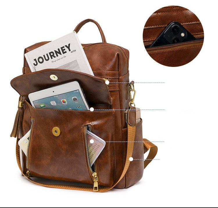 Convertible Bohemian Vegan Leather Backpack with Multiple Pockets