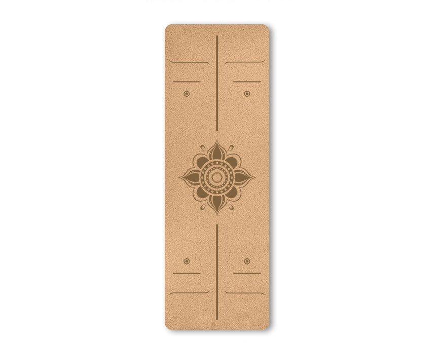 Cork yoga mat with a mandala design on a white background