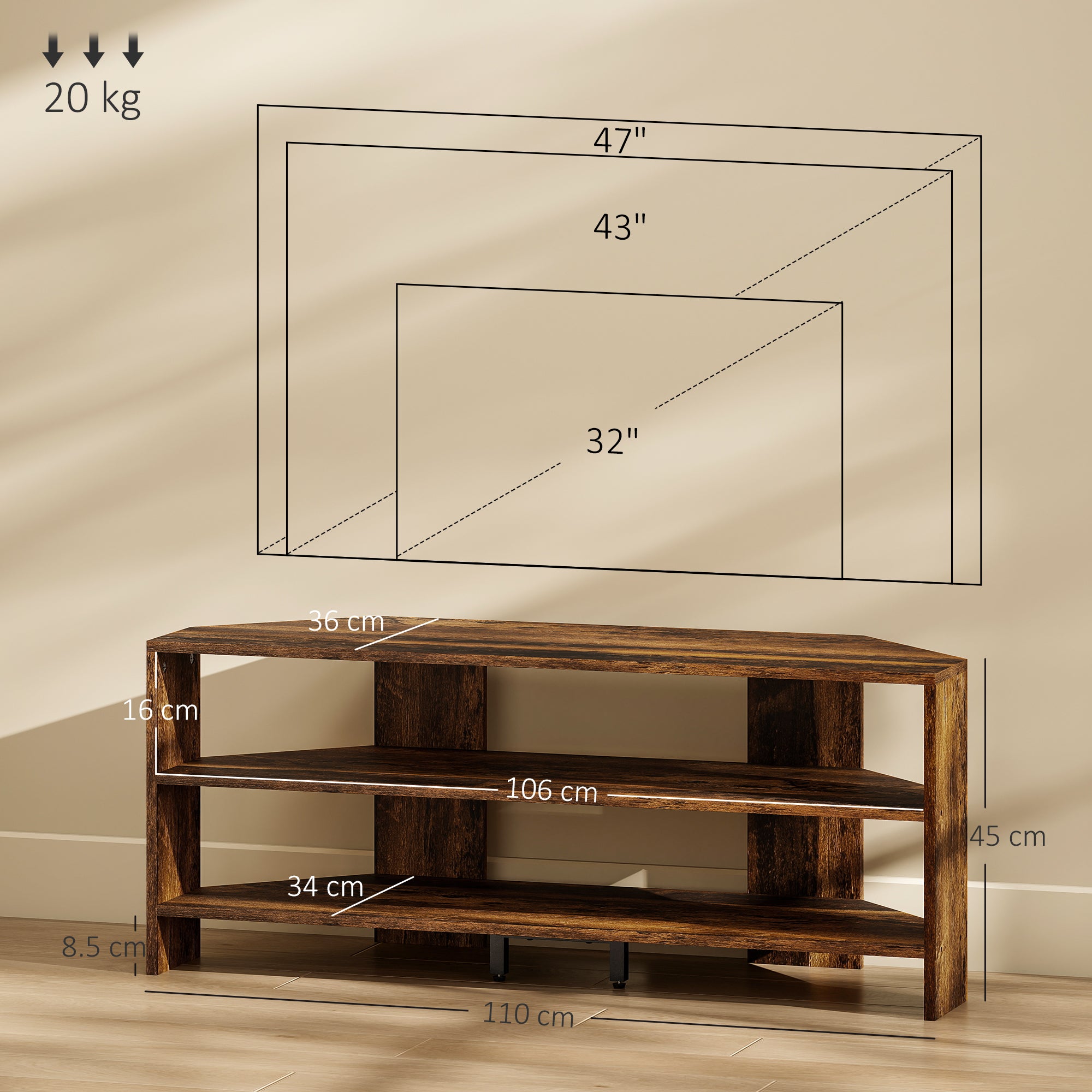 Rustic Brown Corner TV Stand With Open Shelves