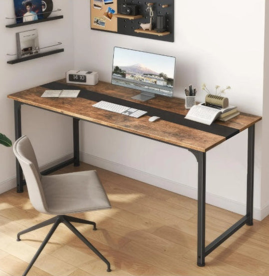 Dark Brown Wooden Large Rustic Boho Desk with Black Metal Frame