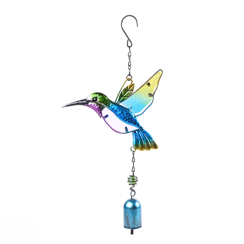 Decorative hummingbird wind chime with colorful design on a white background