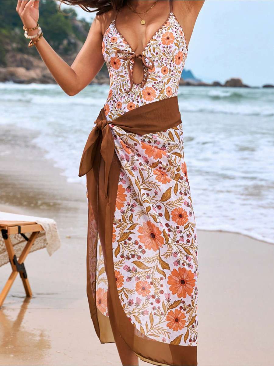 Earthy Floral Boho One Piece Swimsuit with Cover Up boho harmony