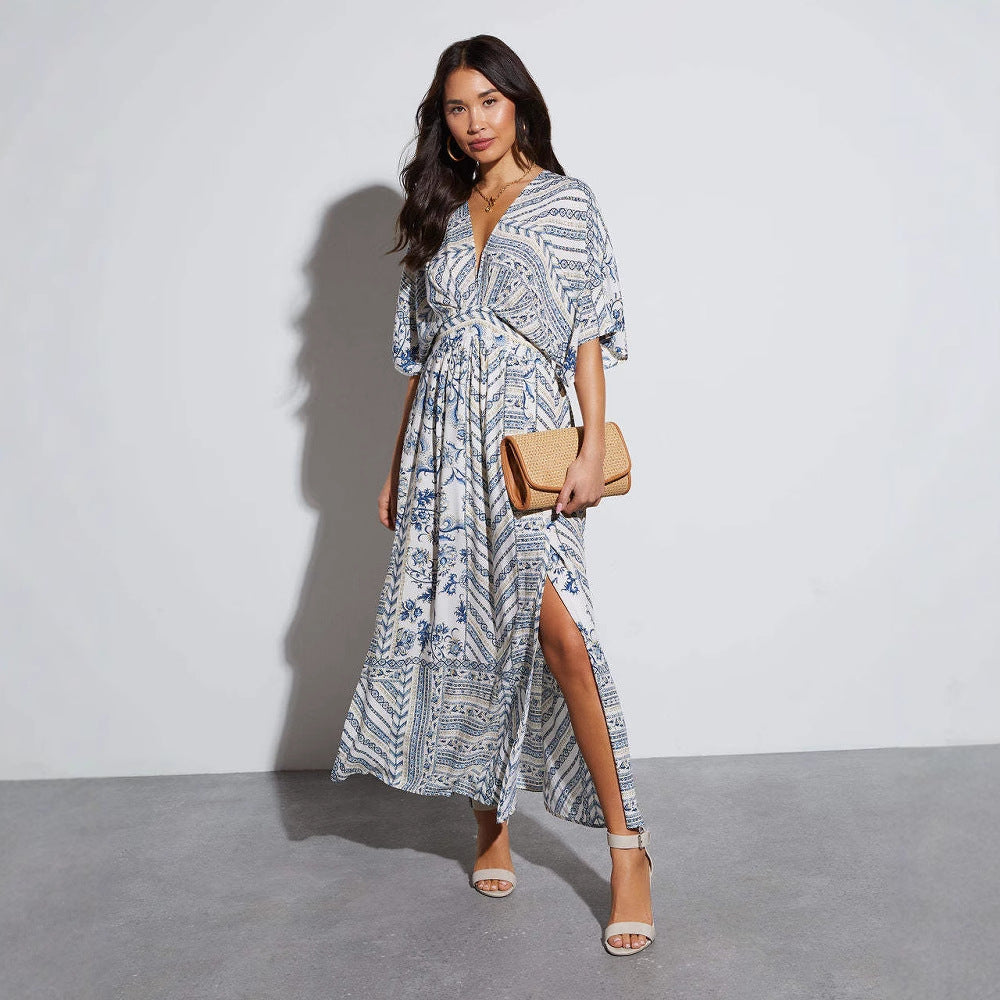 Earthy Printed V-Neck Boho Slit Dress