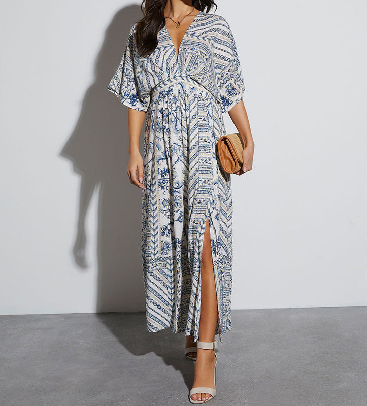 Earthy Printed V-Neck Boho Slit Dress