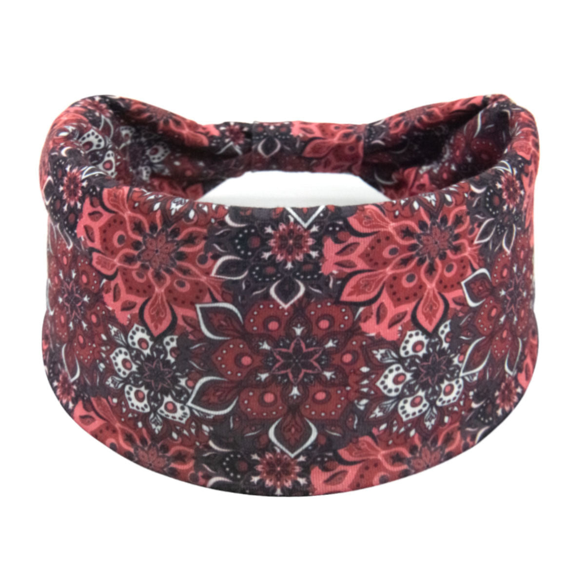 Red and black floral patterned headband on a white background