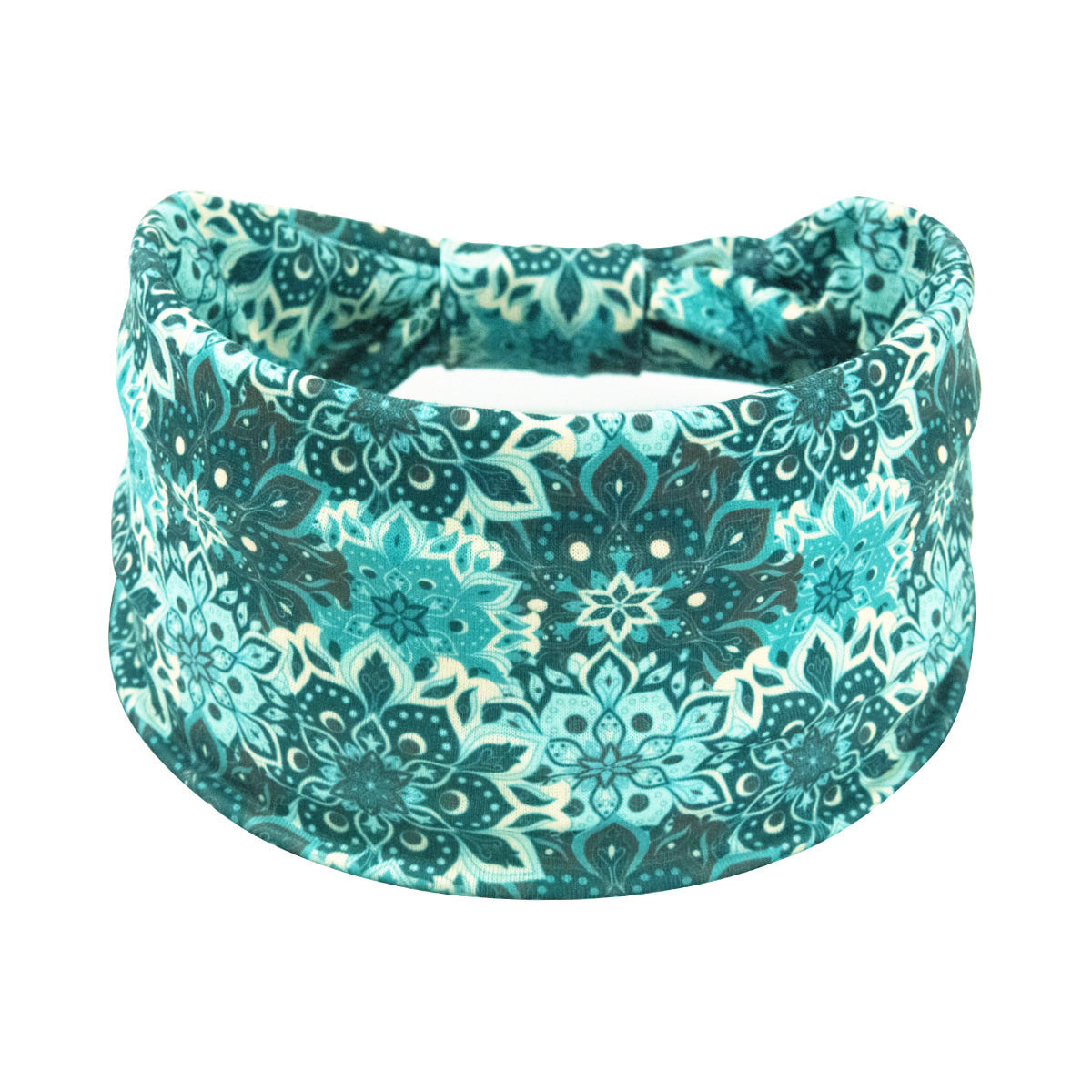 Turquoise patterned headband on a white background