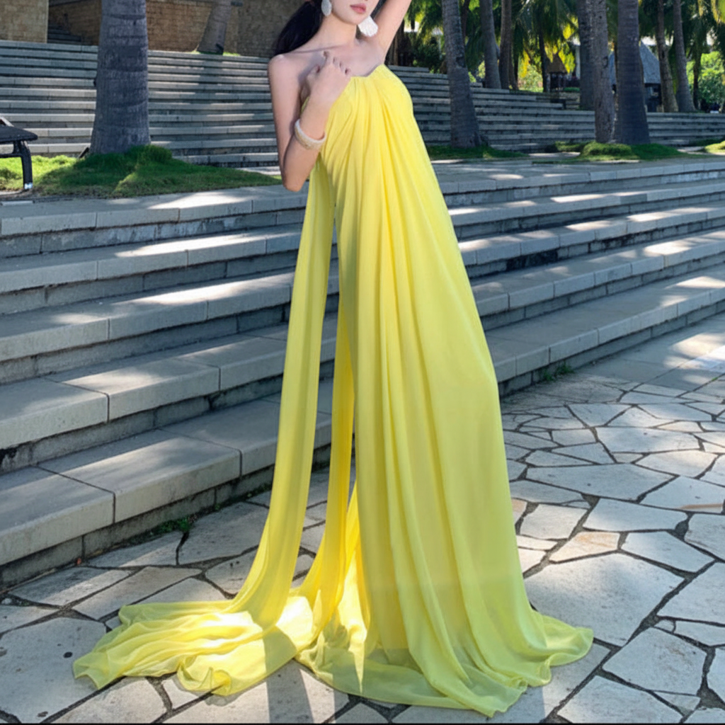 Elegant Yellow Boho Chic Loose Fit Gown