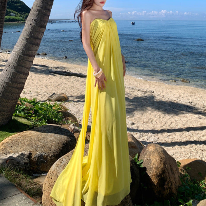 Elegant Yellow Boho Chic Loose Fit Gown