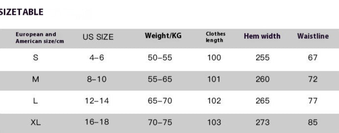 Product information sheet for a skirt including fabric type, item number, weight, and size chart.
