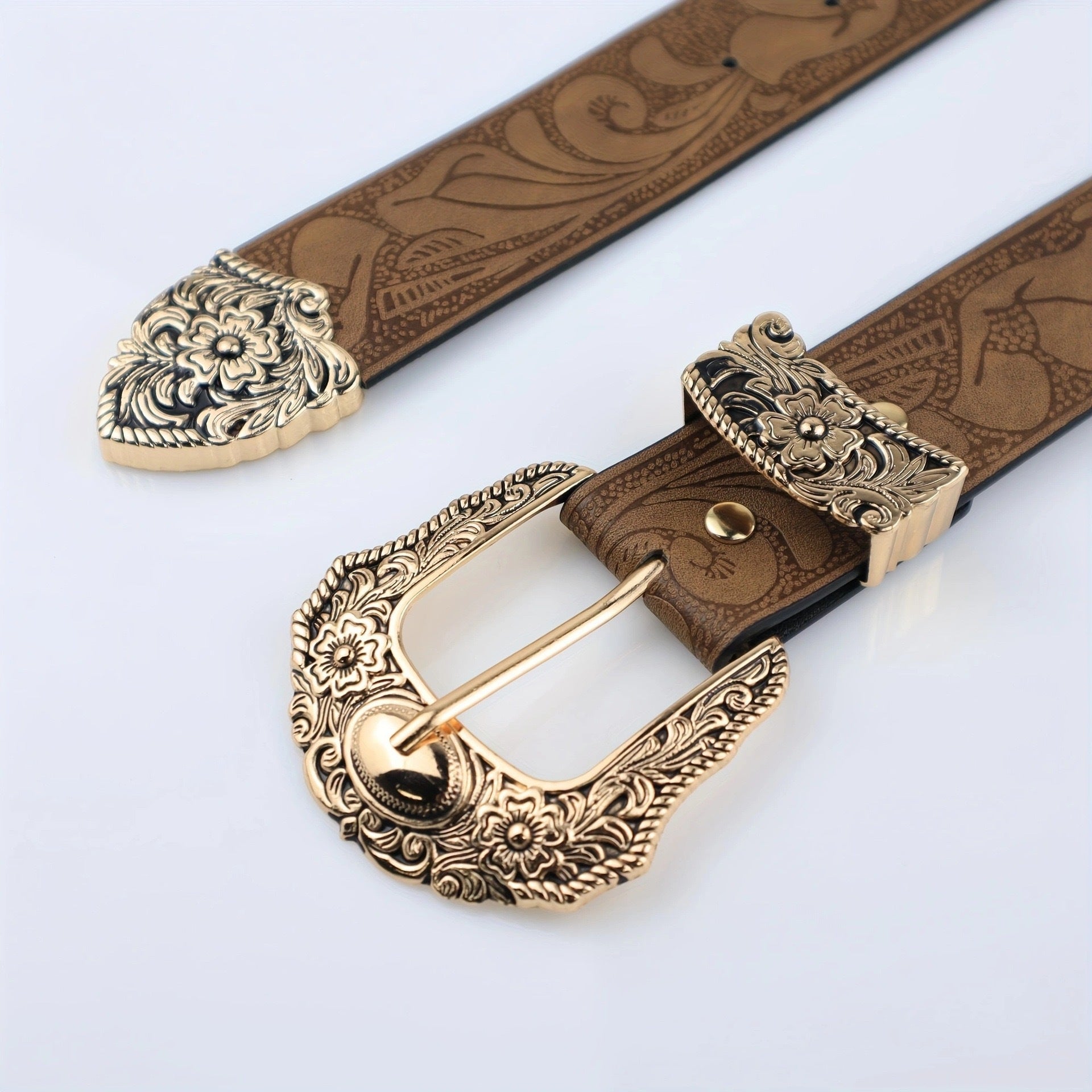 brown Embossed Boho Casual Buckle Belt
