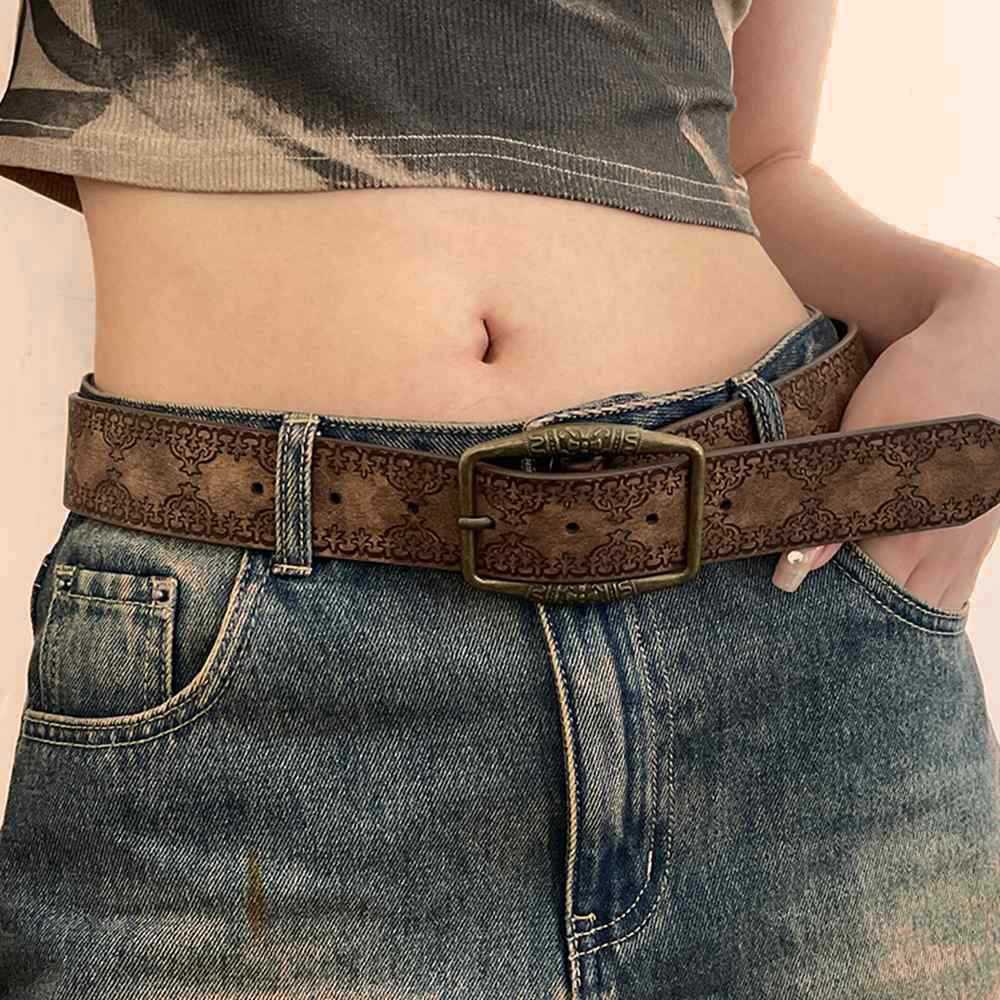 Embossed Vegan Leather Buckle Belt Boho Style for Women