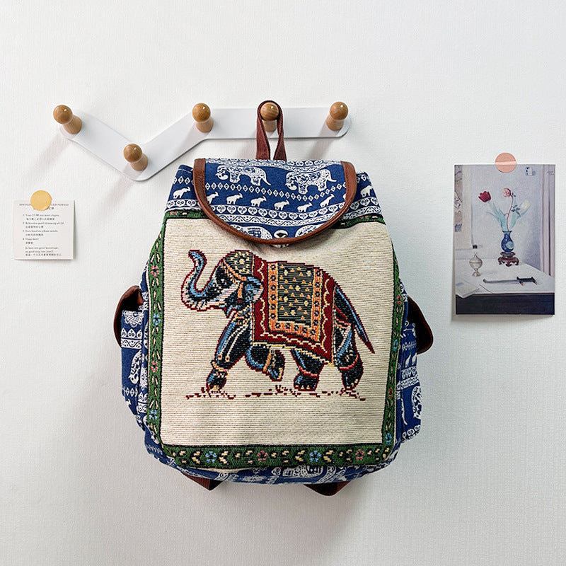Bohemian Embroidered Backpack with Elephant Design