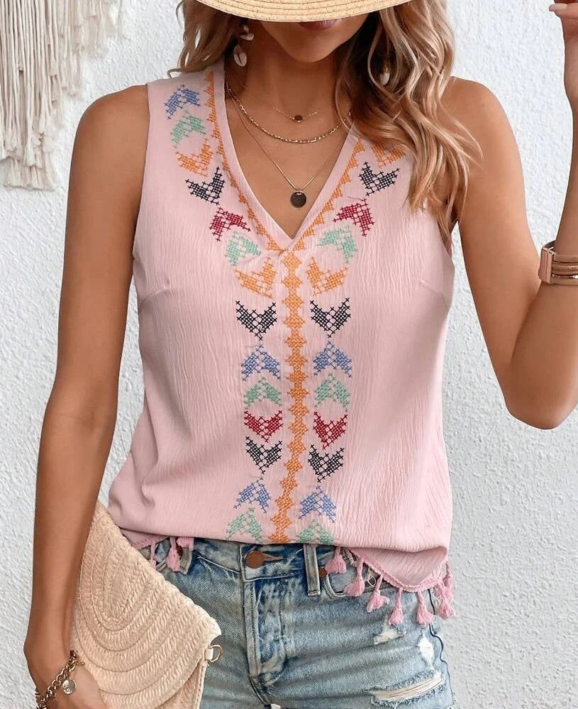 V-Neck Embroidered Boho Vest Top