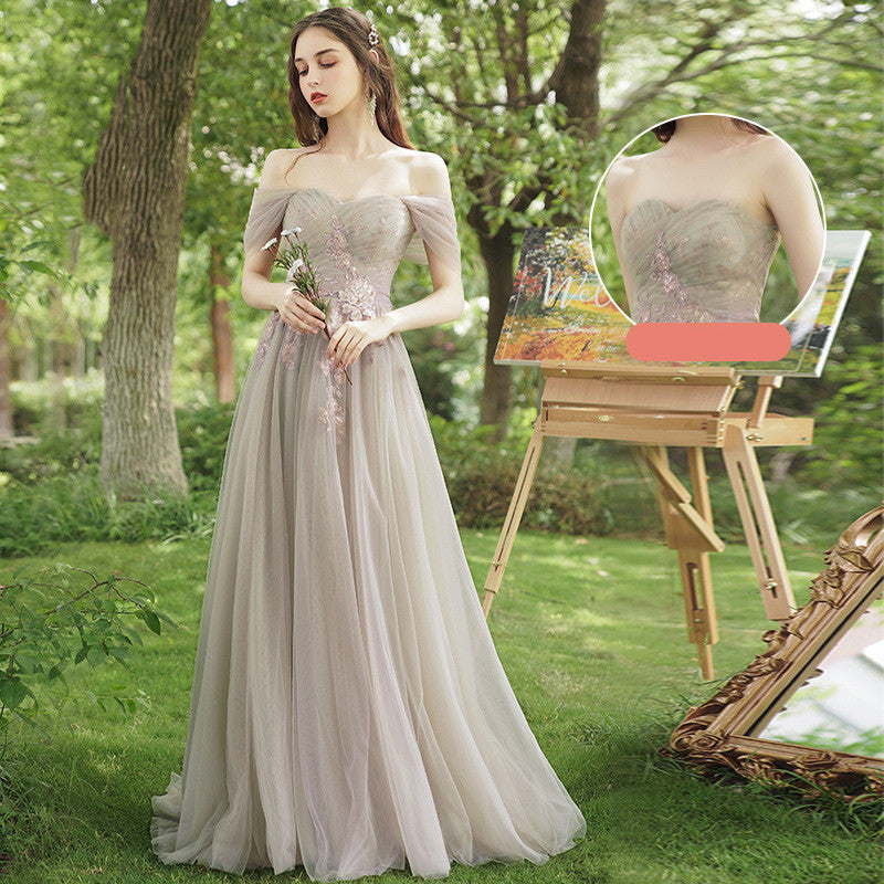light gray Embroidered with Flowers Mesh Bridesmaid Dress Boho Chic