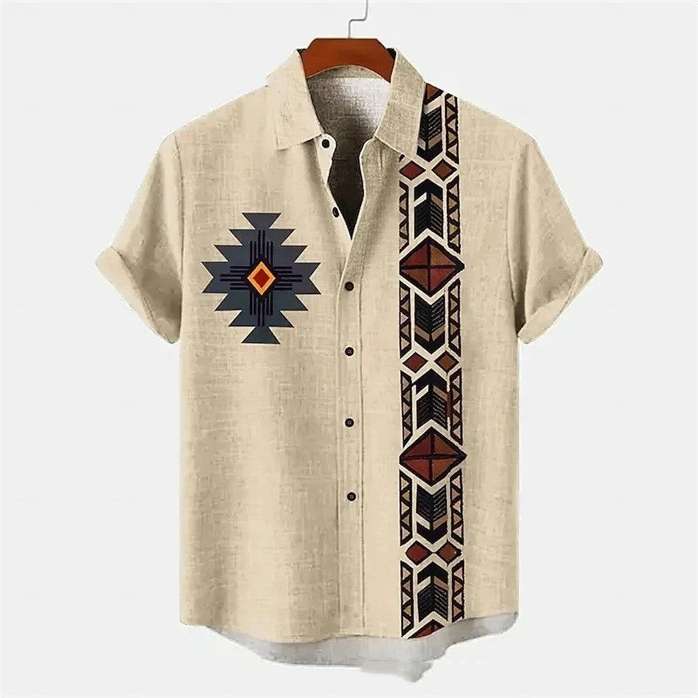 Beige shirt with geometric patterns on a hanger against a white background