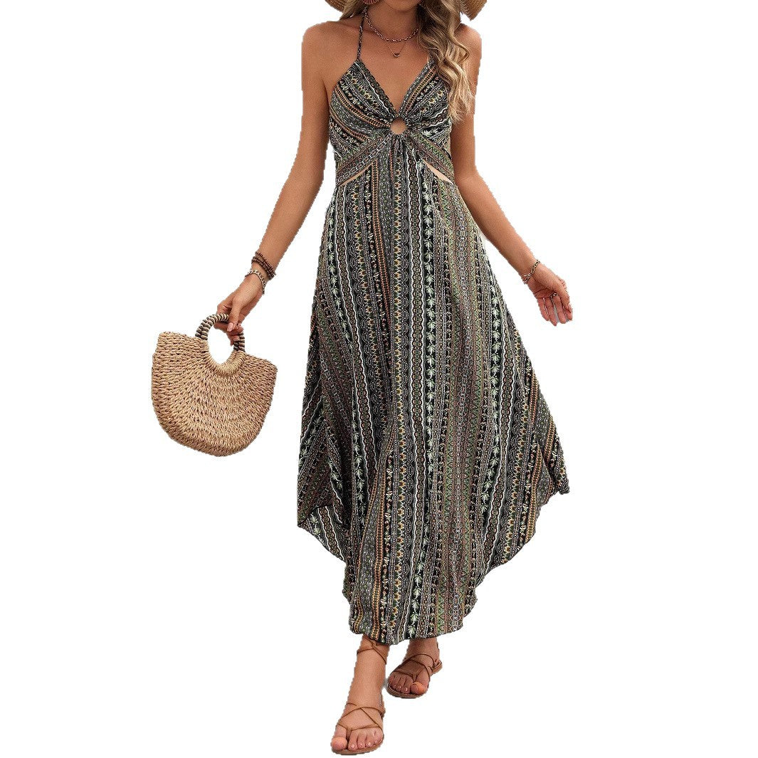 Dark Green Ethnic Boho Halter Dress