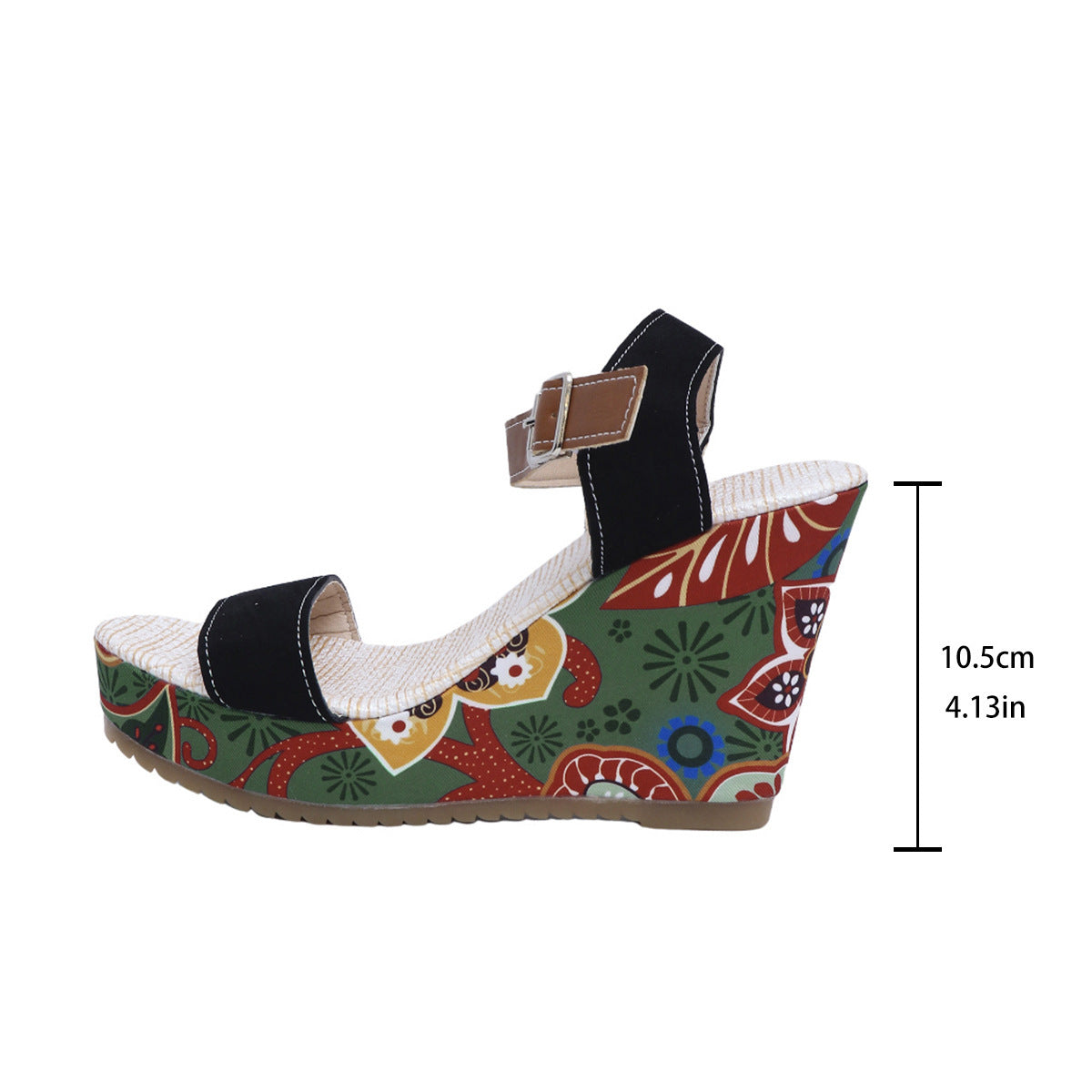 Wedge sandal with colorful pattern and measurements on a white background