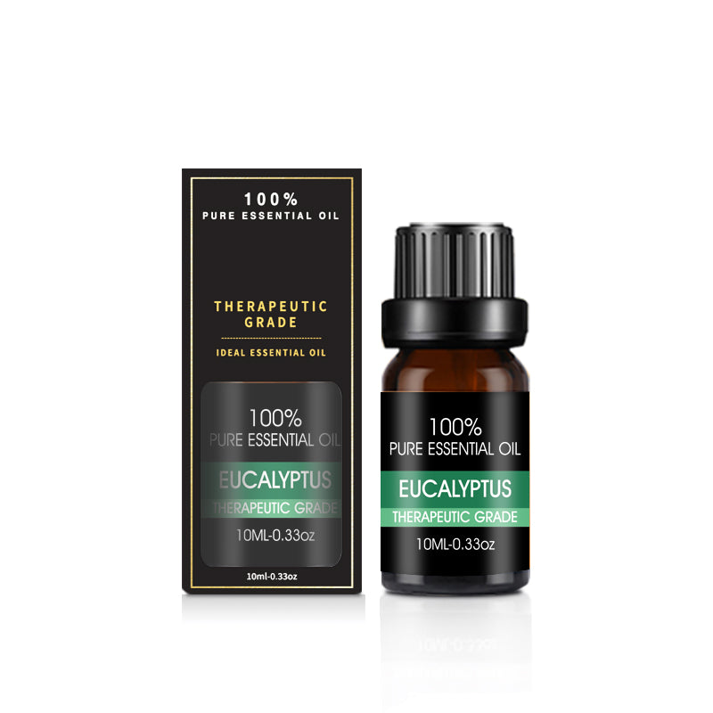Eucalyptus essential oil bottle and packaging on a white background