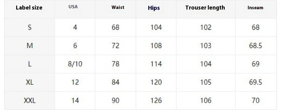 Product size chart with label sizes, USA waist, hips, trouser length, and inseam measurements.