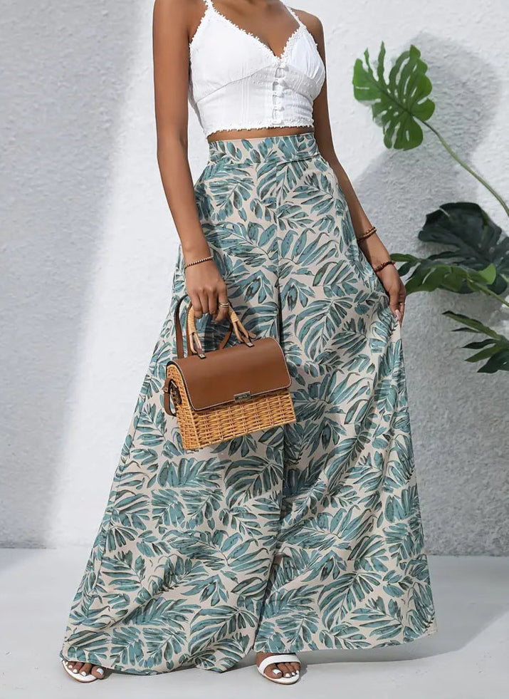 light blue Exotic Printed High Rise Wide Leg Bohemian Trousers