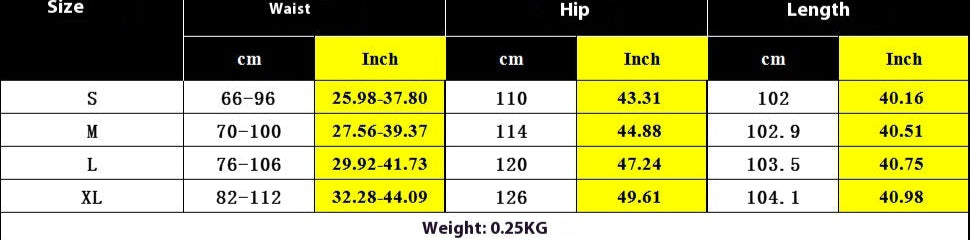 Measurement size table for a garment with dimensions in centimeters and inches.