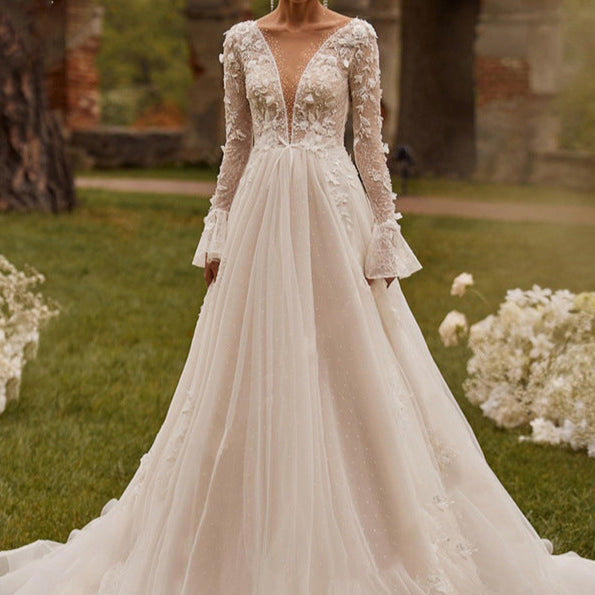Flared Long Sleeve Mesh Boho Wedding Dress
