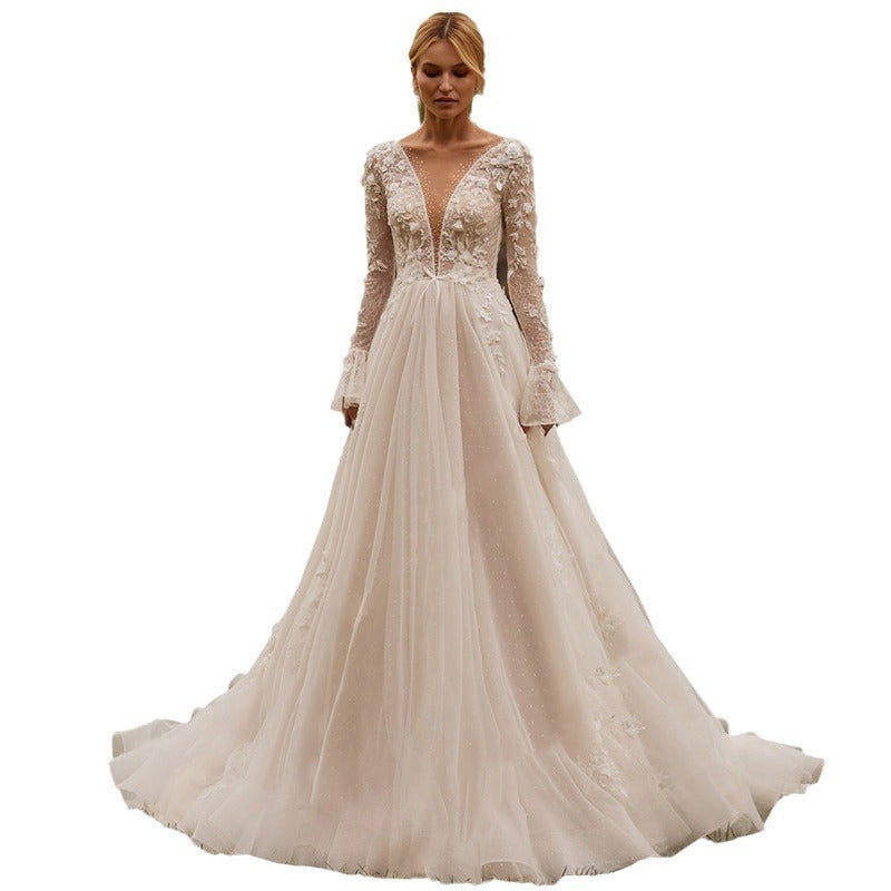 Flared Long Sleeve Mesh Boho Wedding Dress