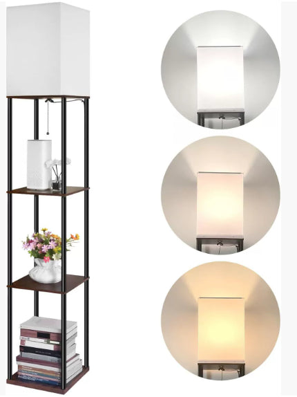 Collage of a standing lamp with shelves, ceiling light fixture, wall sconce, and table lamp.