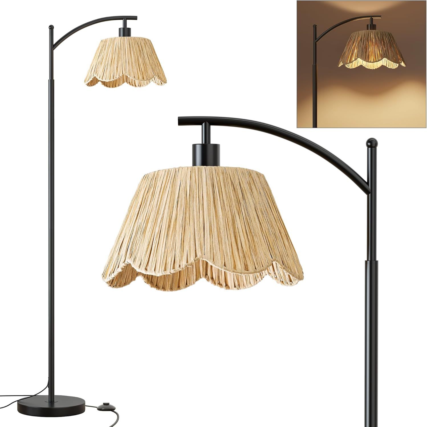 Floor lamp with pleated beige shade on a white background