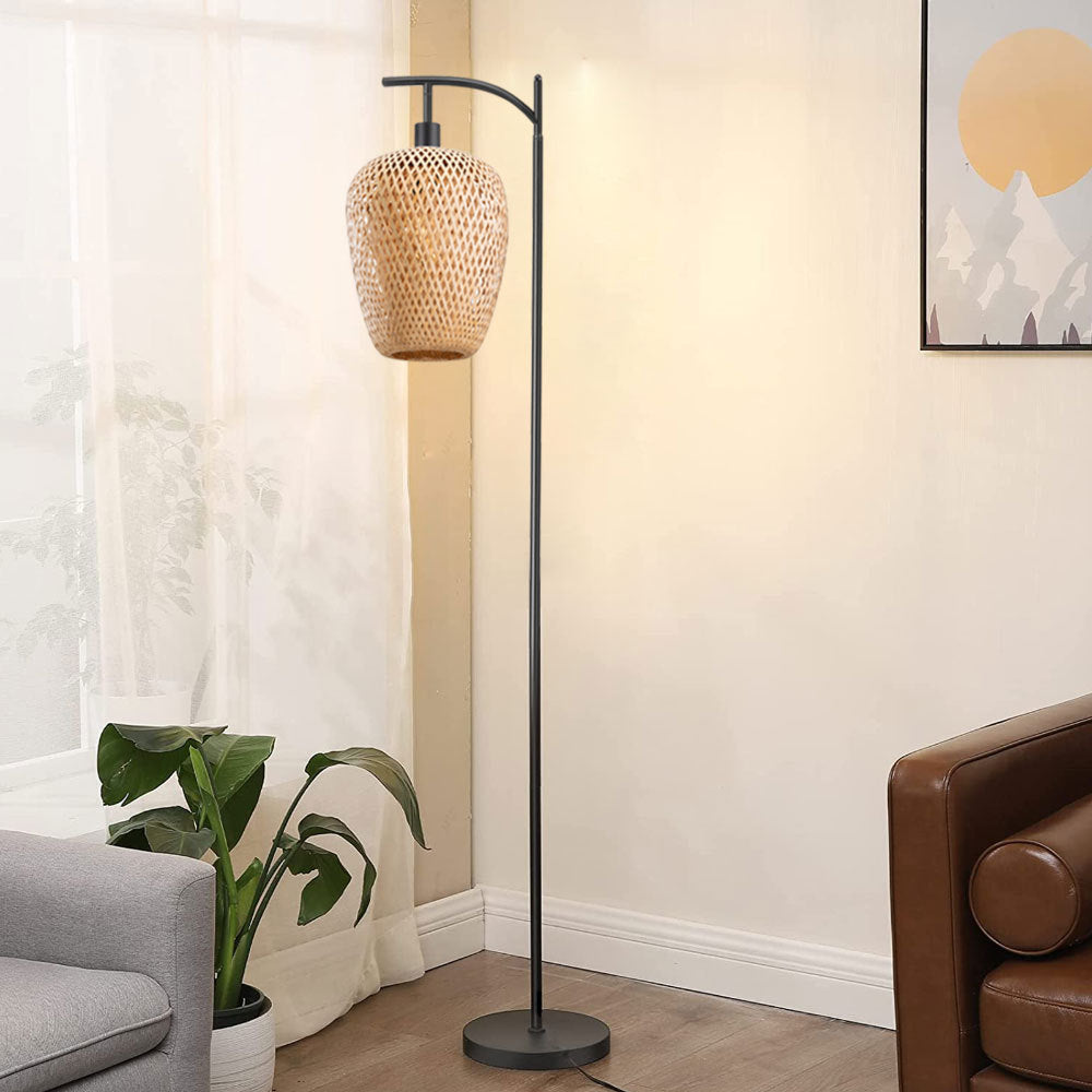 Floor lamp with wicker shade in a living room setting