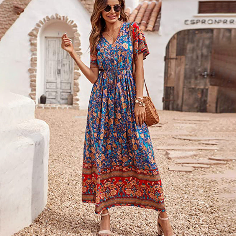 Floral Bohemian Long Dress blue red