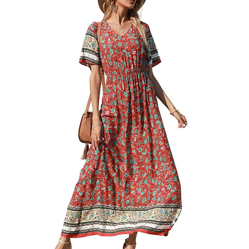 red Floral Bohemian Long Dress
