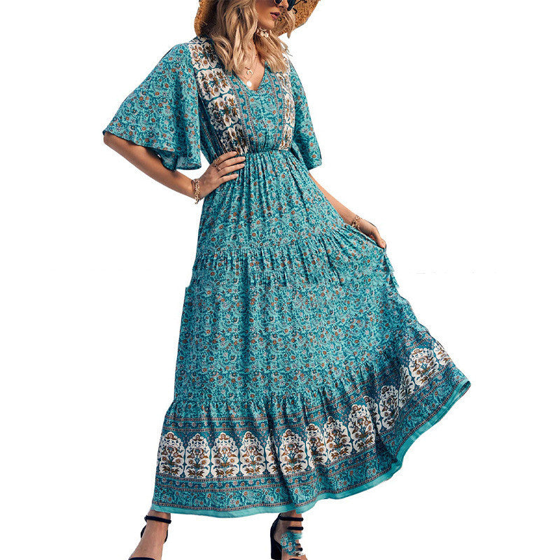 teal Floral Bohemian Long Dress
