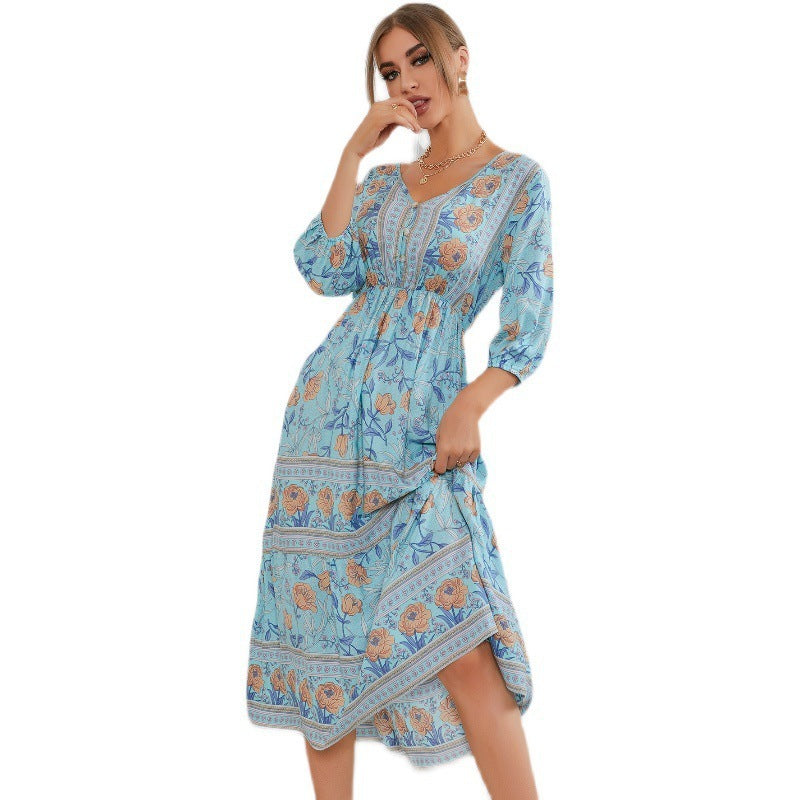 Floral Bohemian Maxi Dress V-Neck Three Quarter Sleeve