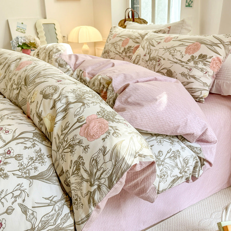 roses Floral Cotton Four Piece Bedding Set - Bed Sheet and Duvet Cover Set