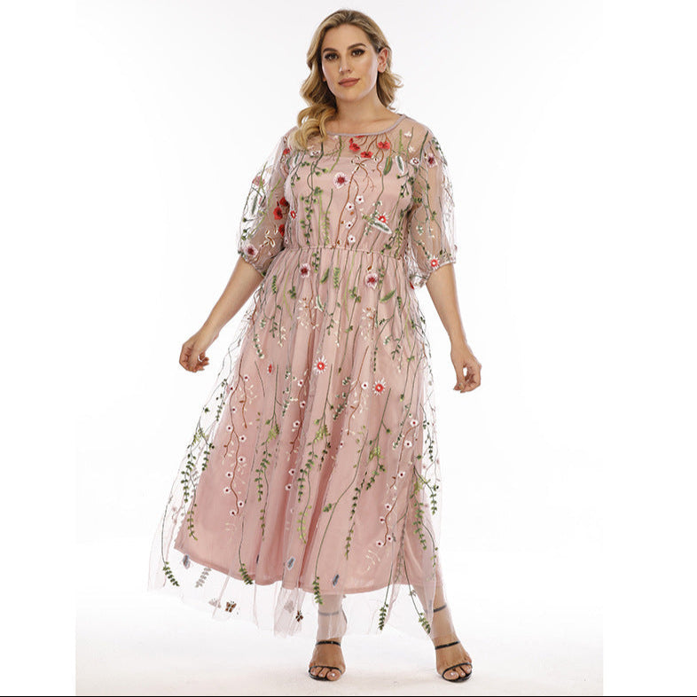 Floral Embroidery Midi Plus Size Dress