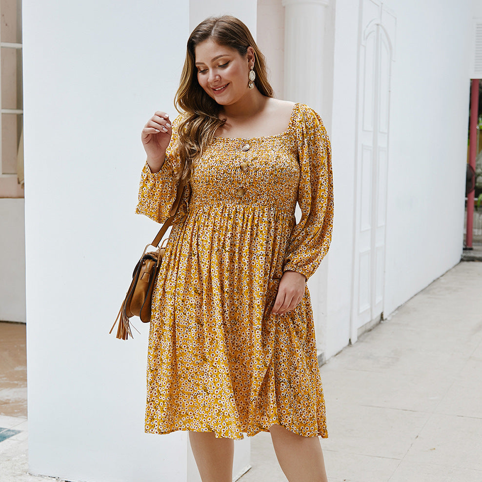 Floral Square Collar Plus Size Dress
