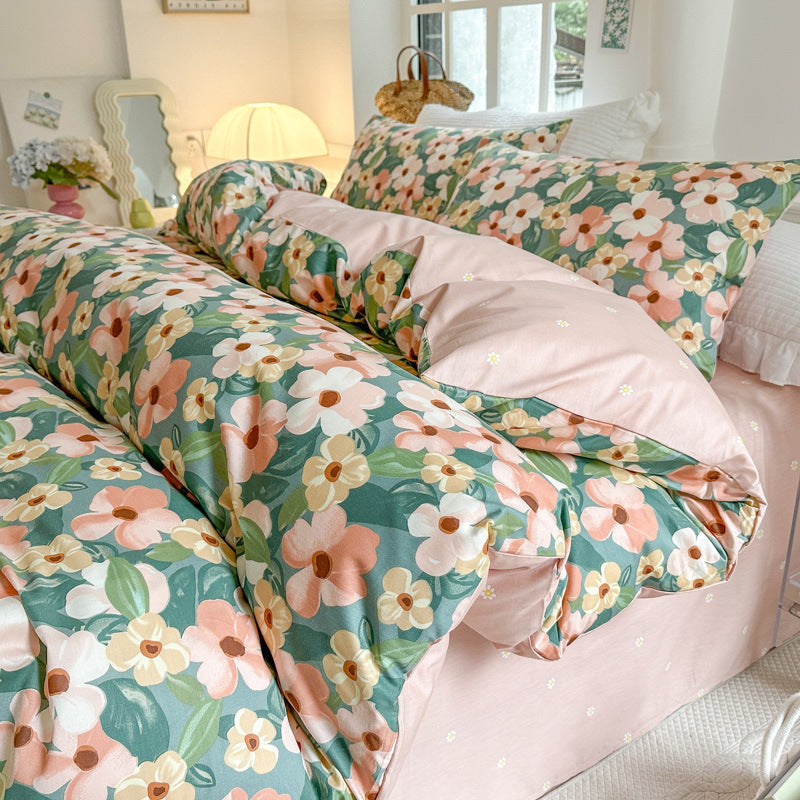 Floral bedding set on a bed in a bright bedroom